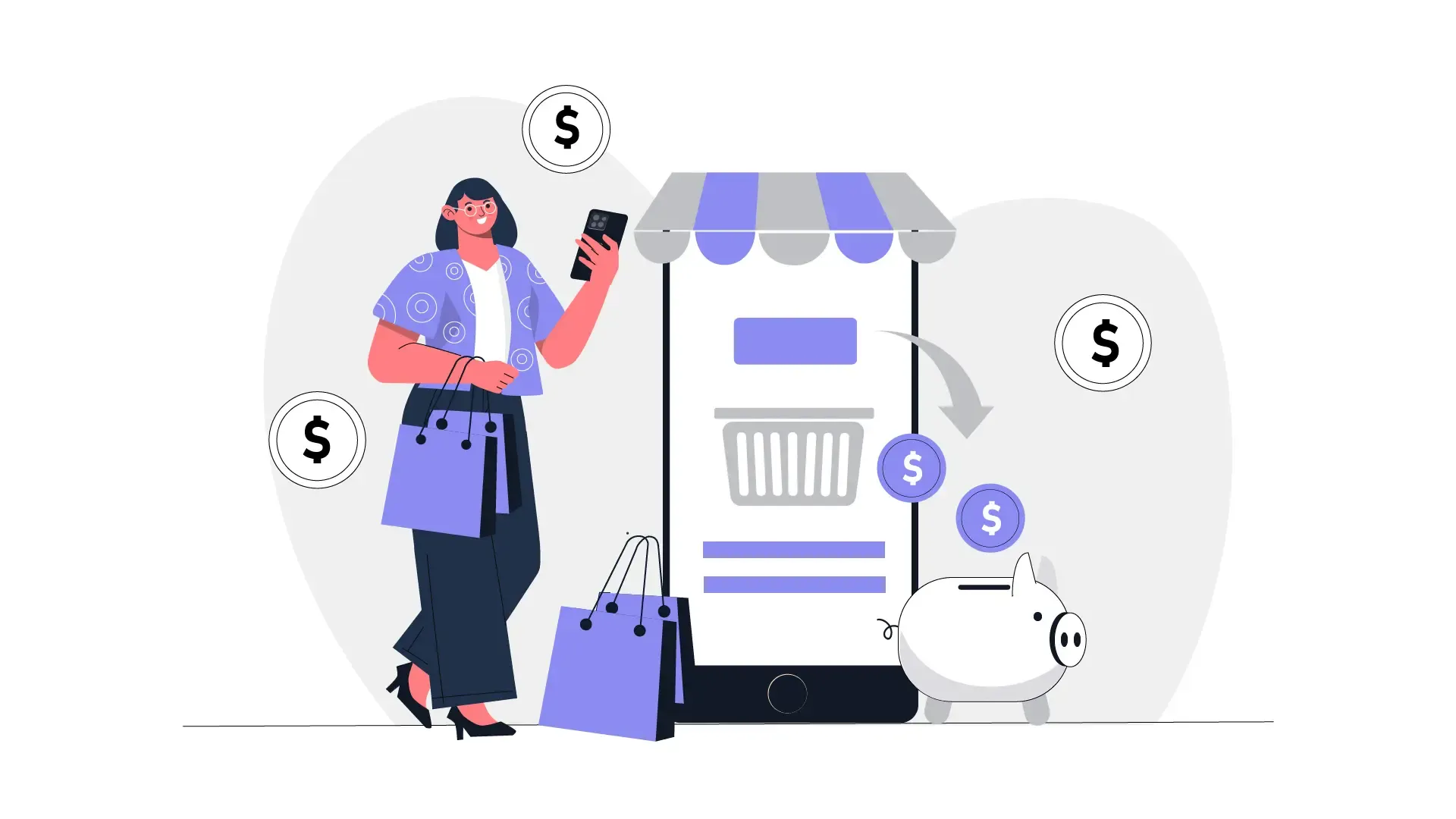 Illustration of Woman Viewing Cashback Details on Mobile Post Shopping